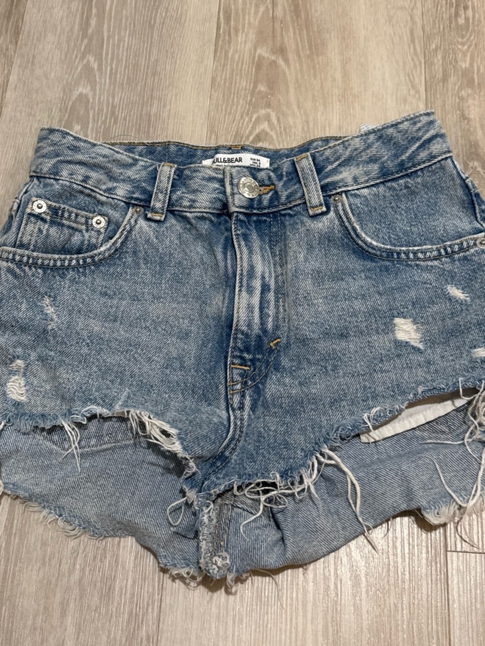 Pull&Bear Light Blue Distressed High-Waist Denim Shorts